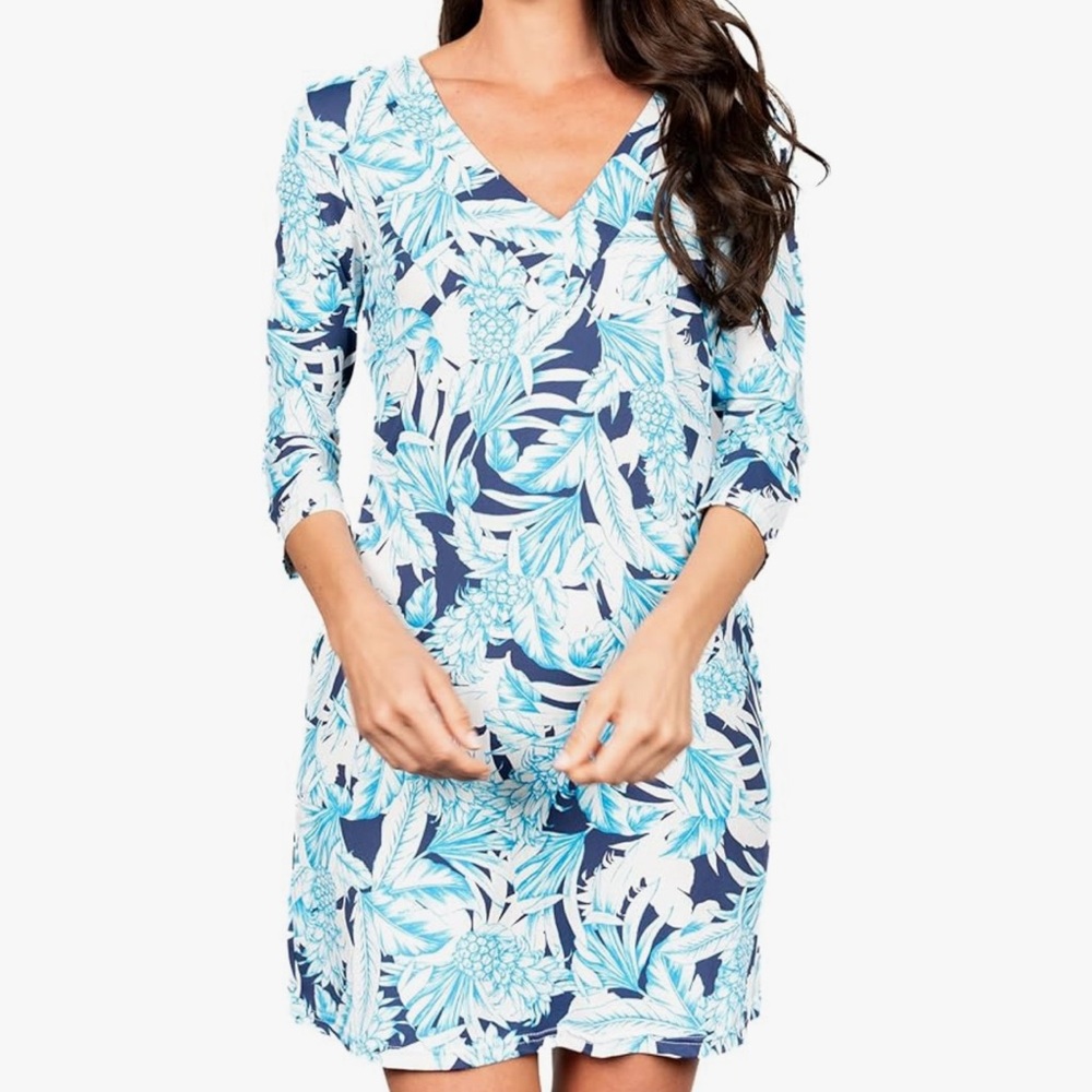 Blue and White Tropical Leaf Coverup Dress Lilly Pulitzer style